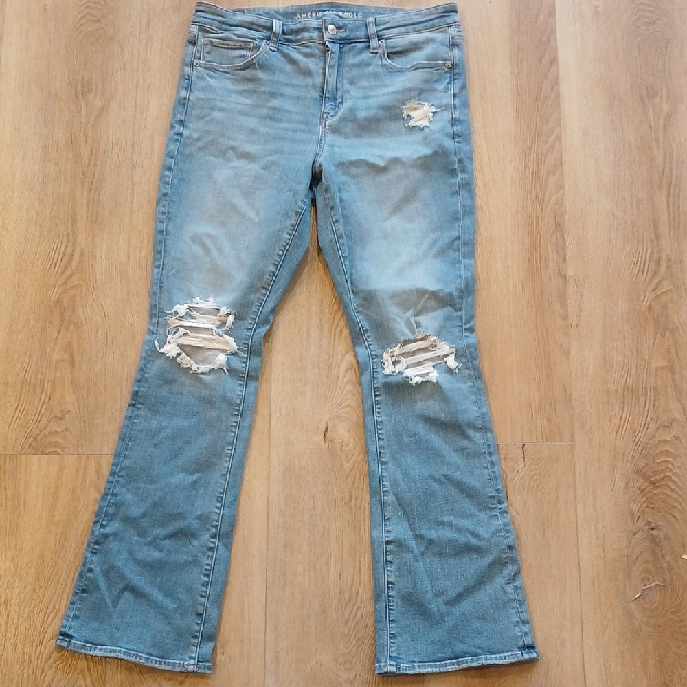 American Eagle Outfitters Light Blue Distressed Flare Jeans Bootcut Wide Leg